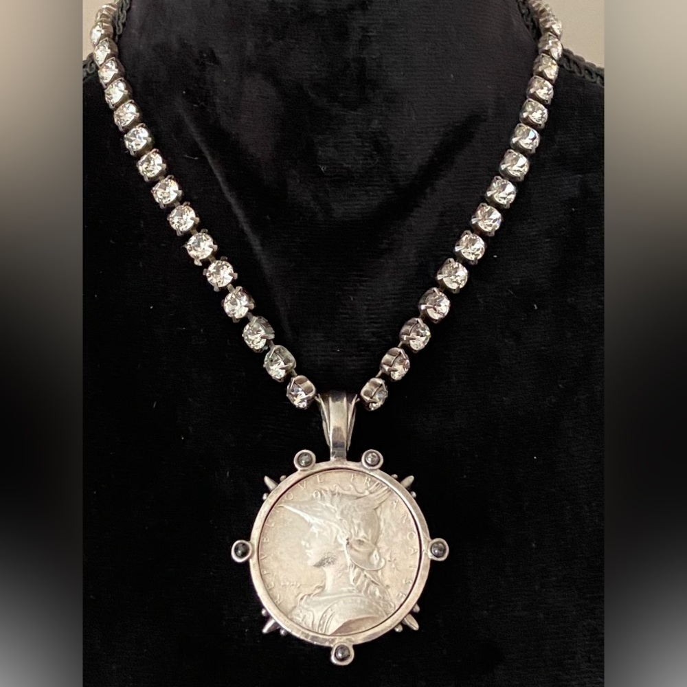 French Kande Swarovsky Crystal Necklace with Goddess of Liberty Medallion.